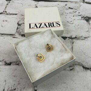 Vintage Lazarus Square Spiral Earrings Rhinestone Gold Toned in Box